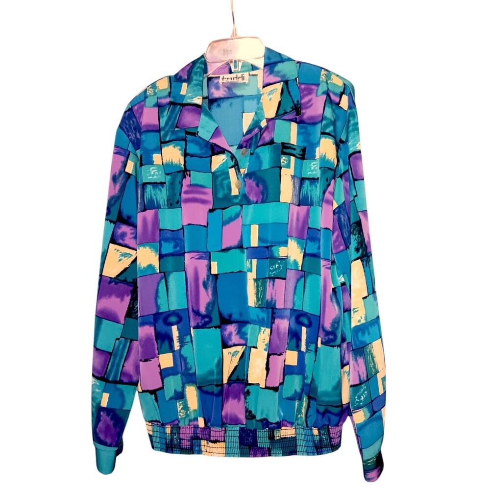 VINTAGE‎ TEDDI 80s 90s Satin Blouse Top Shirt No Wrinkle XL Colorful Geometric